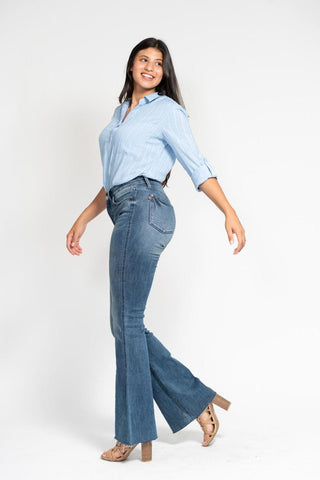 Judy Blue Mid Rise Tummy Control Vintage Wash Cut Hem Flare Denim Jeans 88472