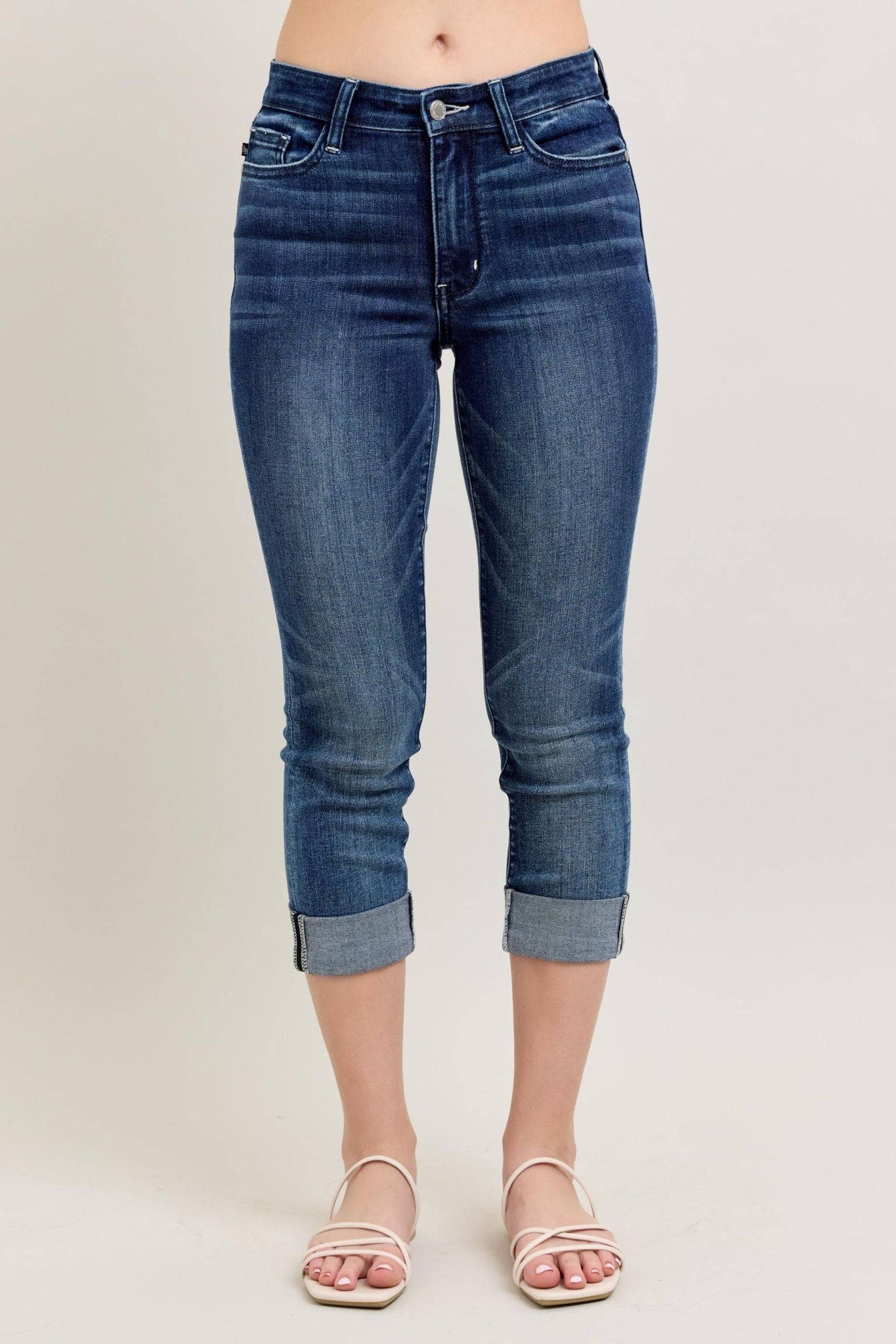 Judy Blue Mid Rise Dark Wash Cuffed Capri Denim Jeans 72121-Jeans-Sunshine and Wine Boutique