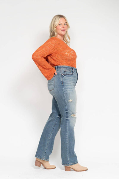 Judy Blue High Waist Harsh Tint & Destroy Straight Dad Denim Jeans 82641-Jeans-Sunshine and Wine Boutique