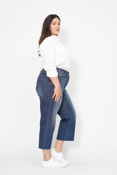 Judy Blue High Waist Back Pocket Embroidery Crop Wide Leg Denim 88873-Jeans-Sunshine and Wine Boutique