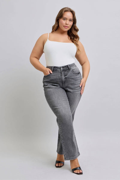 Judy Blue High Waist Rhinestone Gray Straight Denim Jeans 88919-Jeans-Sunshine and Wine Boutique