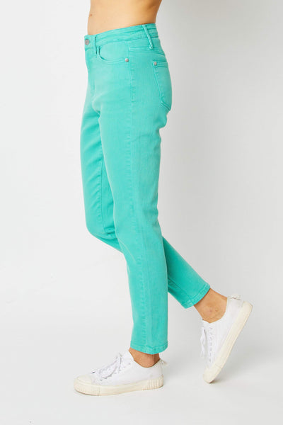 Judy Blue High Waist Garment Dyed Aquamarine Slim Denim 88689-Jeans-Sunshine and Wine Boutique