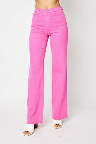 Candy Pink Women's High Waisted Denim Capri Pants Seamed Front Raw