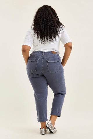 Judy Blue High Waist Aurora Weekender Garment Dyed Vintage Indigo Cuffed Slim Straight Jogger Denim Jeans 881194