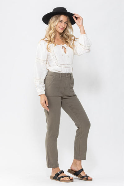 Judy Blue High Waist Olive Utility Slim Denim Jeans 88193-Jeans-Sunshine and Wine Boutique