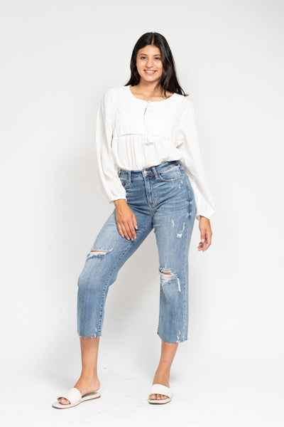 Judy Blue High Waist Destroy Wide Leg Crop Denim 82256-Jeans-Sunshine and Wine Boutique