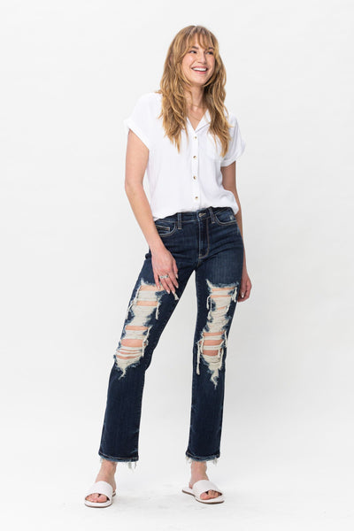 Judy Blue Mid Rise Heavy Destroy Straight Denim 82534-Jeans-Sunshine and Wine Boutique