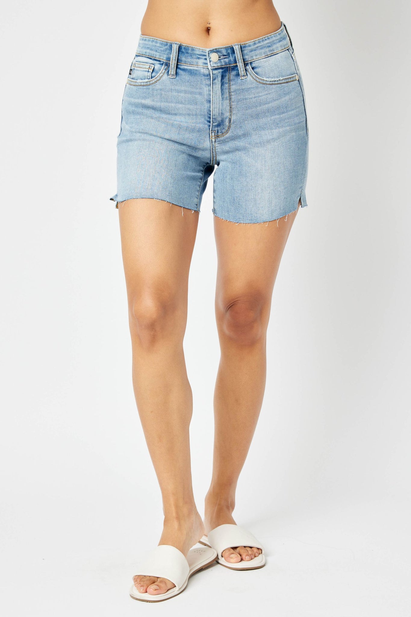 Judy Blue Mid Rise Cutt Off Denim Short 15251-Shorts-Sunshine and Wine Boutique