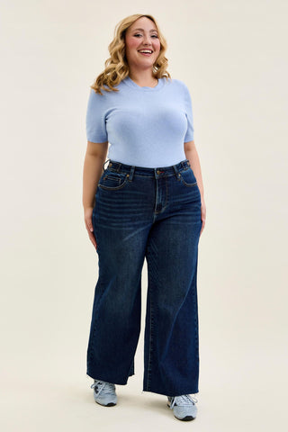 Judy Blue High Waist Adjustable Waistband Tabs Raw Hem Retro Wide Leg Denim Jeans 881114 - Petite