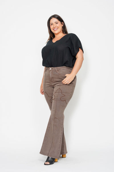 Judy Blue High Waist Garment Dyed Knee Seam Detail & Shield Pockets Flare Denim 88846-Jeans-Sunshine and Wine Boutique