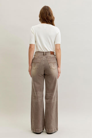 Judy Blue High Waist Retro Yarn Dyed Clay Criss-Cross Waistband Wide Leg Denim Jeans 881031