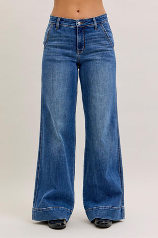 Judy Blue Mid Rise Trouser Retro Wide Leg Denim Jeans 82674