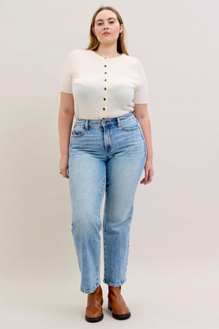 Judy Blue Mid Rise Rigid Magic Destroy Straight Denim Jeans 881060