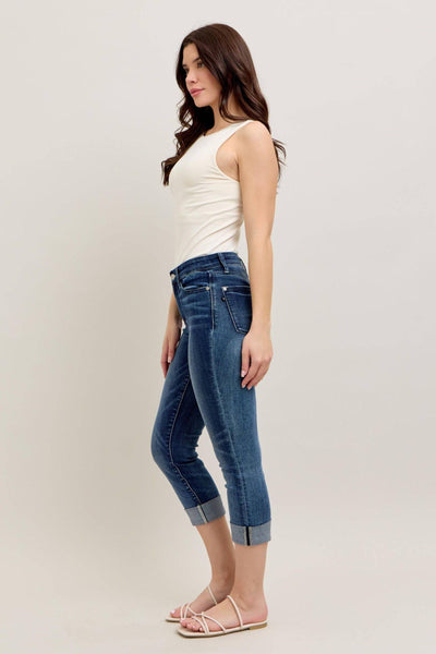 Judy Blue Mid Rise Dark Wash Cuffed Capri Denim Jeans 72121-Jeans-Sunshine and Wine Boutique