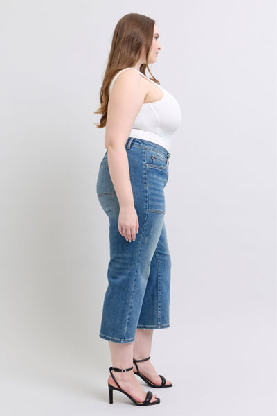 Judy Blue High Waist Utility Pockets Crop Wide Leg Denim Jeans 88904-Jeans-Sunshine and Wine Boutique