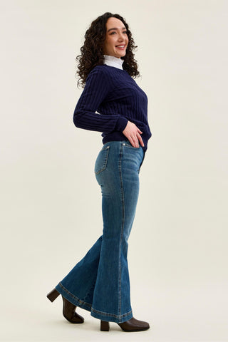 Judy Blue High Waist Tummy Control Double Button Flare Denim Jeans 881018 - Petite