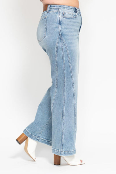 Judy Blue High Waist Side Seam Insert Detail Retro Wide Leg Denim 88766-Jeans-Sunshine and Wine Boutique