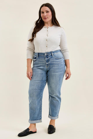 Judy Blue Mid Rise Billie Cuffed Boyfriend Denim Jeans 82753