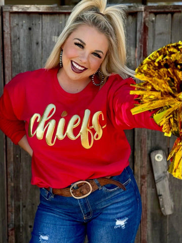 Texas True Threads Metallic Gold Puff Ink Chiefs Red Sweatshirt-Sweaters-Sunshine and Wine Boutique