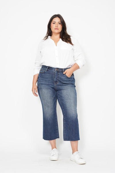 Judy Blue High Waist Back Pocket Embroidery Crop Wide Leg Denim 88873-Jeans-Sunshine and Wine Boutique