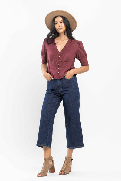 Judy Blue High Waist Tummy Control Tailored Wide Leg Crop Denim 88716-Jeans-Sunshine and Wine Boutique