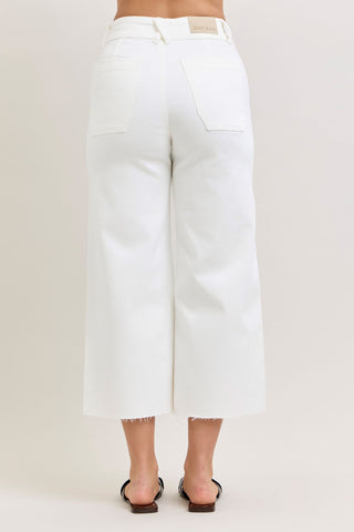 Judy Blue High Waist White Front Patch Pockets Crop Wide Leg Denim Jeans 881077