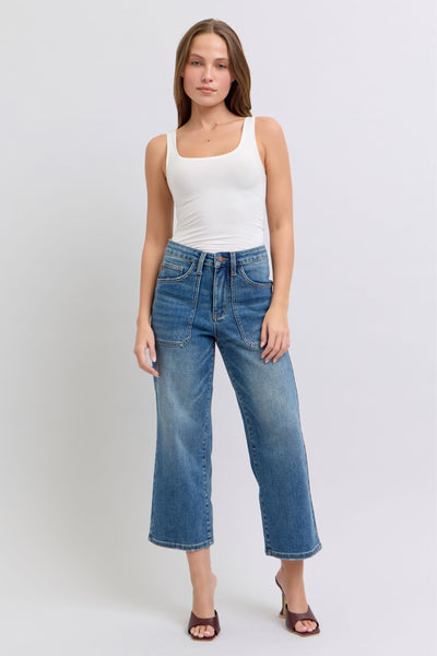 Judy Blue High Waist Utility Pockets Crop Wide Leg Denim Jeans 88904-Jeans-Sunshine and Wine Boutique