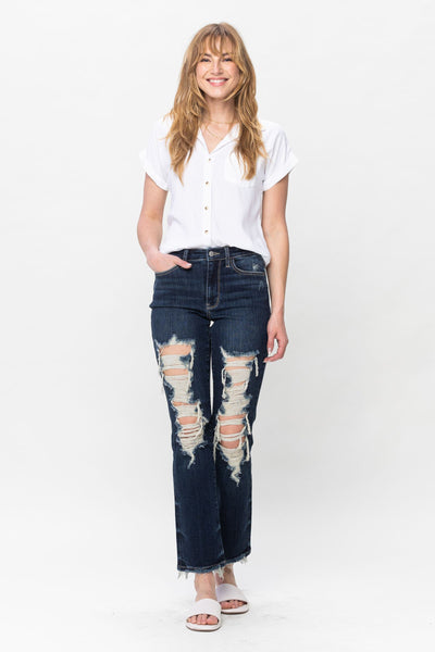 Judy Blue Mid Rise Heavy Destroy Straight Denim 82534-Jeans-Sunshine and Wine Boutique