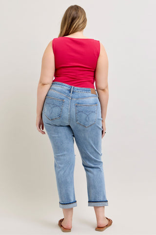 Judy Blue Mid Rise Destroyed Cuffed Boyfriend Denim Jeans 82688