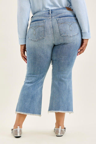Judy Blue Mid Rise Frayed Hem Kick Flare Denim Jeans 82721