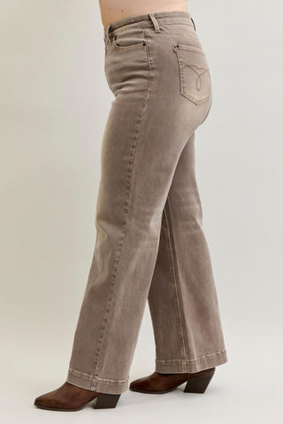 Judy Blue High Waist Retro Yarn Dyed Clay Criss-Cross Waistband Wide Leg Denim Jeans 881031