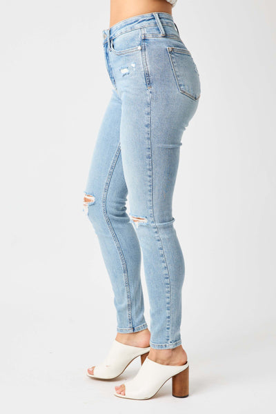 Judy Blue Mid Rise Tummy Control Destroy Skinny Denim 88797-Jeans-Sunshine and Wine Boutique