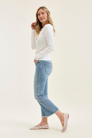 Judy Blue Mid Rise Frayed Hem Kick Flare Denim Jeans 82721