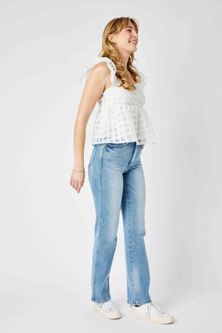 Judy Blue High Waist Tummy Control Contrast Wash Straight Denim Jeans 88794