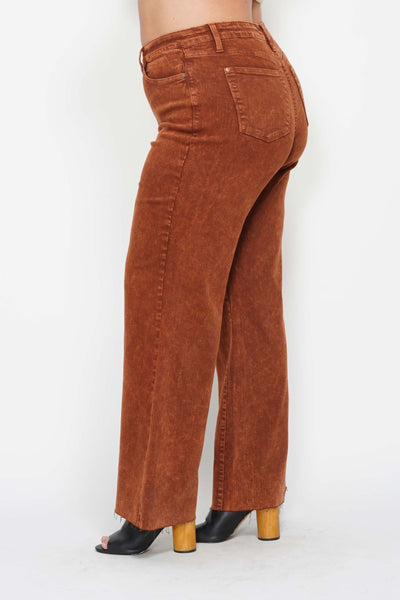 Judy Blue High Waist Garment Dyed Pumpkin Spice Raw Hem Retro Wide Leg Denim 88888-Jeans-Sunshine and Wine Boutique