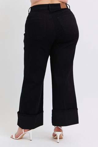 Judy Blue High Waist Retro Wide Leg Black Cuffed Denim Jeans 82617