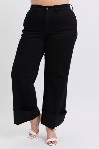 Judy Blue High Waist Retro Wide Leg Black Cuffed Denim Jeans 82617