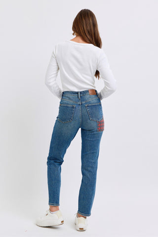 Judy Blue High Waist Plaid Patch Slim Denim Jeans 88868