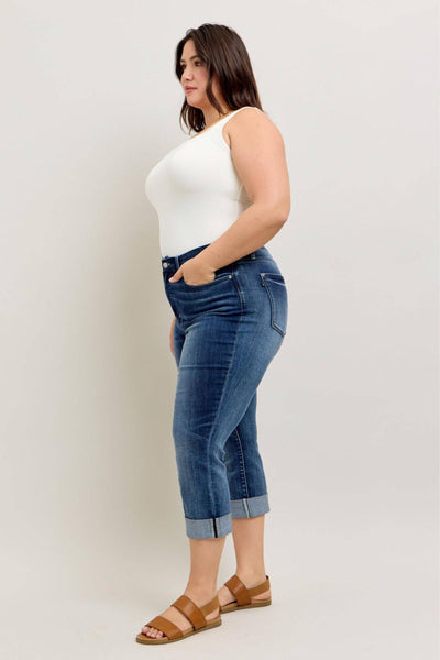 Judy Blue Mid Rise Dark Wash Cuffed Capri Denim Jeans 72121-Jeans-Sunshine and Wine Boutique
