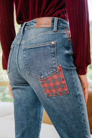 Judy Blue High Waist Plaid Patch Slim Denim Jeans 88868