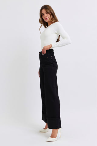 Judy Blue High Waist Retro Wide Leg Black Cuffed Denim Jeans 82617