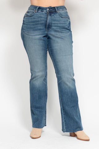 Judy Blue Mid Rise Tummy Control Vintage Wash Cut Hem Flare Denim Jeans 88472