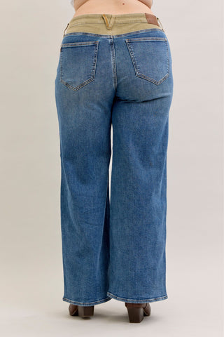 Judy Blue Mid Rise Corduroy Waist Column Straight Denim Jeans 881054