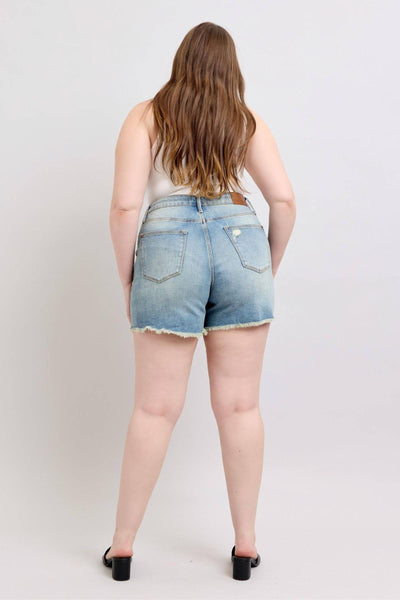 Judy Blue High Waist Vintage Wash Fly Stitch Detail & Destroy Denim Short 150323-Shorts-Sunshine and Wine Boutique