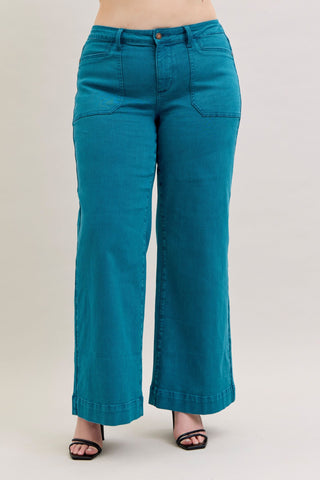 Judy Blue Mid Rise Teal Utility Wide Leg Denim Jeans 881061