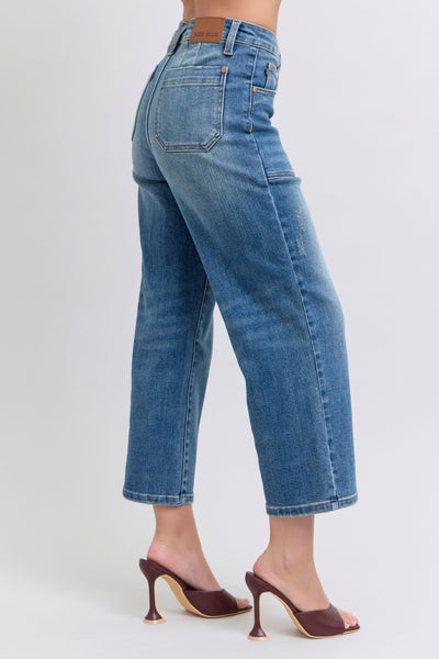 Judy Blue High Waist Utility Pockets Crop Wide Leg Denim Jeans 88904-Jeans-Sunshine and Wine Boutique