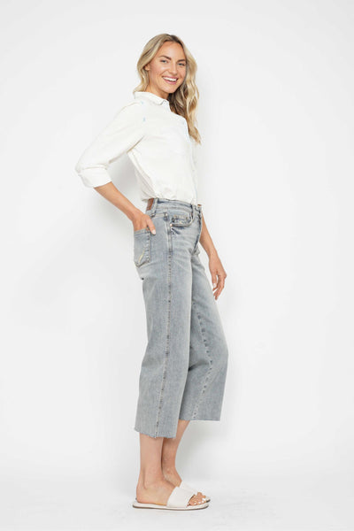 Judy Blue Mid Rise Tummy Control Raw Hem Wide Leg Crop Denim 88903-Jeans-Sunshine and Wine Boutique