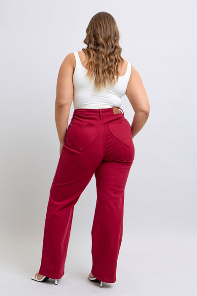 Judy Blue High Waist Garment Dyed Scarlet Heart Shaped Back Pockets 90's Straight Denim Jeans 88917-Jeans-Sunshine and Wine Boutique