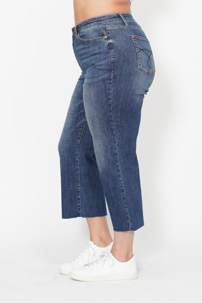 Judy Blue High Waist Back Pocket Embroidery Crop Wide Leg Denim 88873-Jeans-Sunshine and Wine Boutique