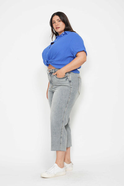 Judy Blue Mid Rise Tummy Control Raw Hem Wide Leg Crop Denim 88903-Jeans-Sunshine and Wine Boutique